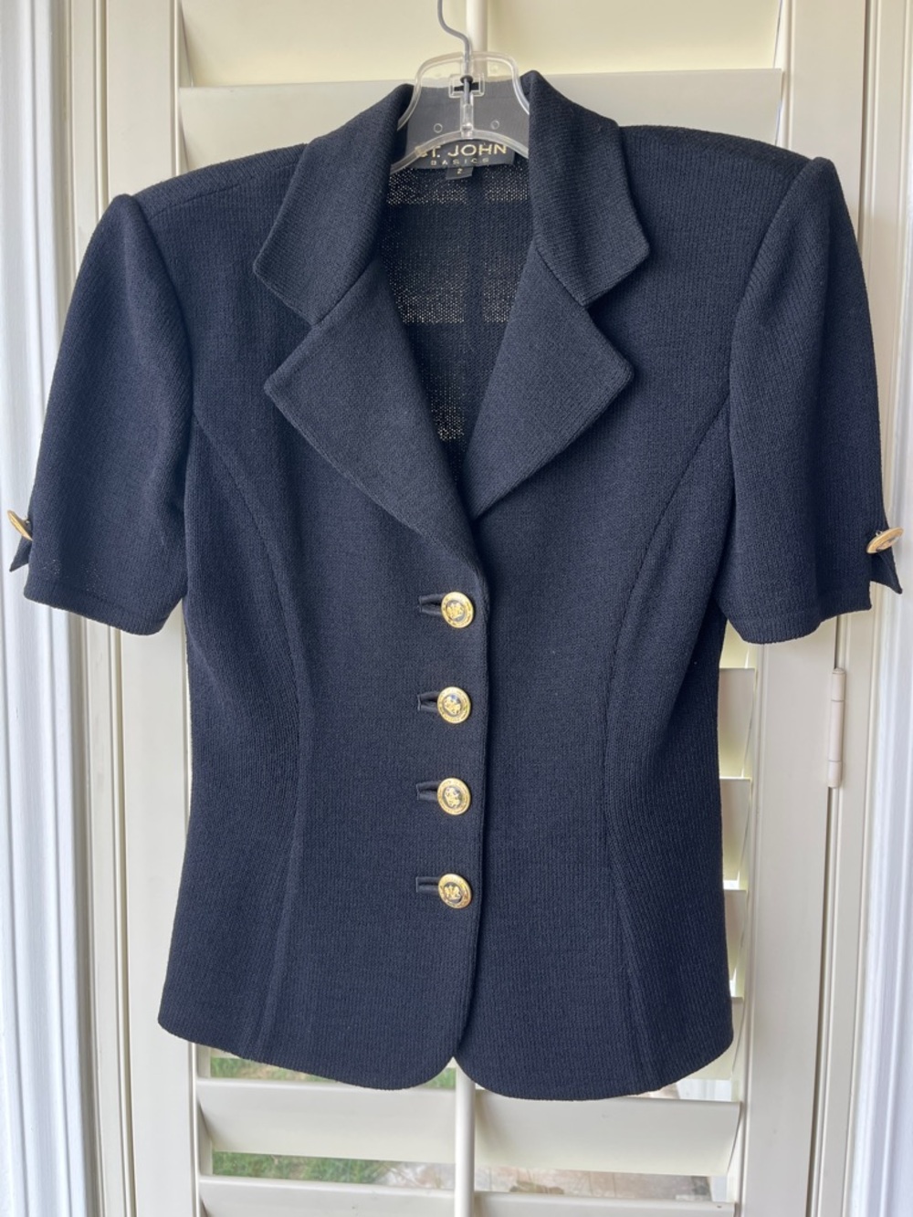 St. John Black Short-Sleeve Knit Blazer with Gold Buttons